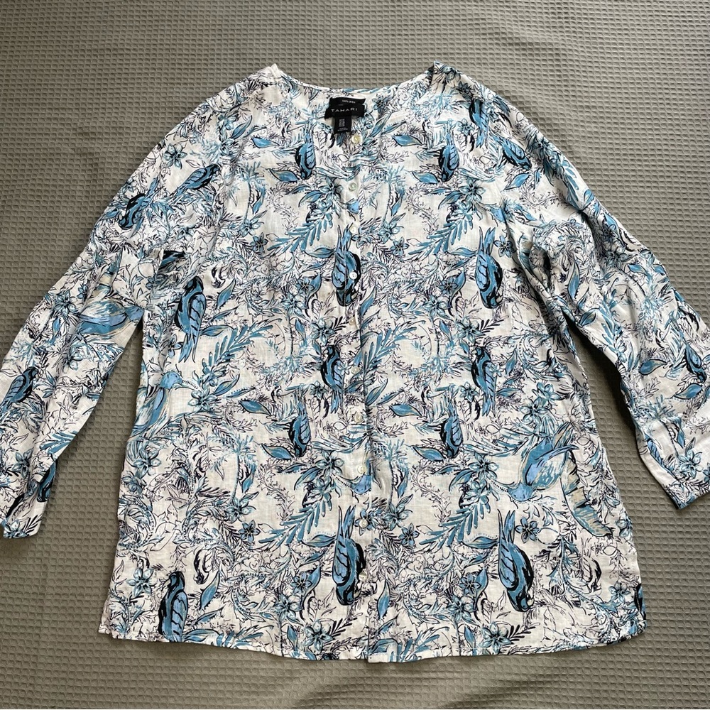 Tahari 100% Linen Tunic Top 1X Womens Tropical Parrot Button Up Roll Tab